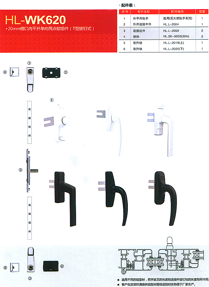 HL-WK620 20mm槽口内平开单向两点锁组件(T型拔钉式)
