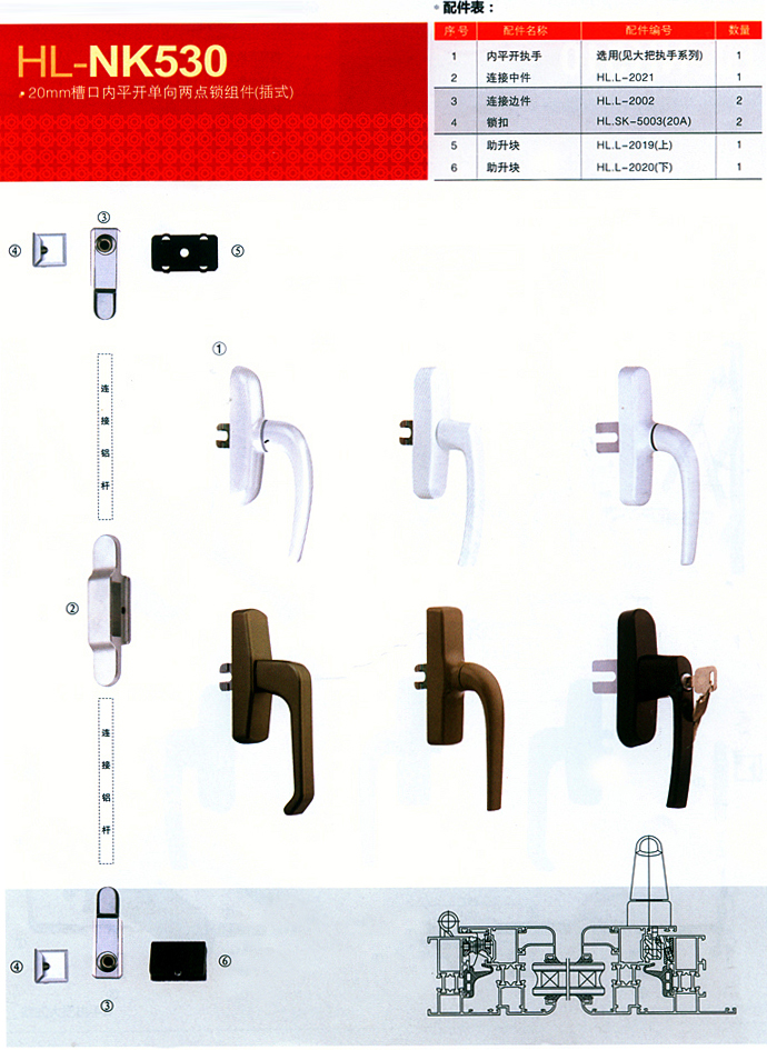 HL-NK530 20mm槽口内平开单向两点锁组件(插式)